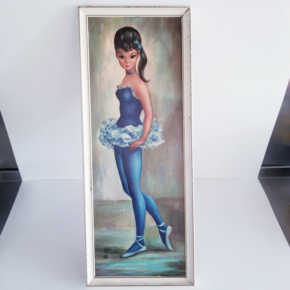 Vintage lithograph art print by artist Maio c 1960-70s Ballerina Blue Girl